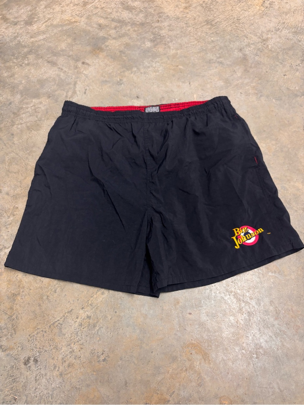 Vintage 90s Big Johnson Nylon Swim Trunks Black Board Shorts Mens Medium